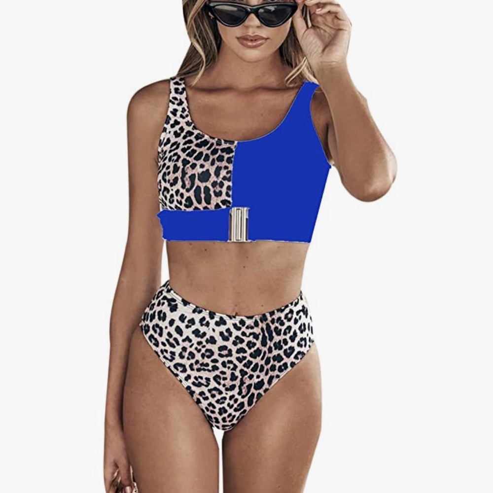 High Waisted Cheetah Bikini Buckle Front Blue